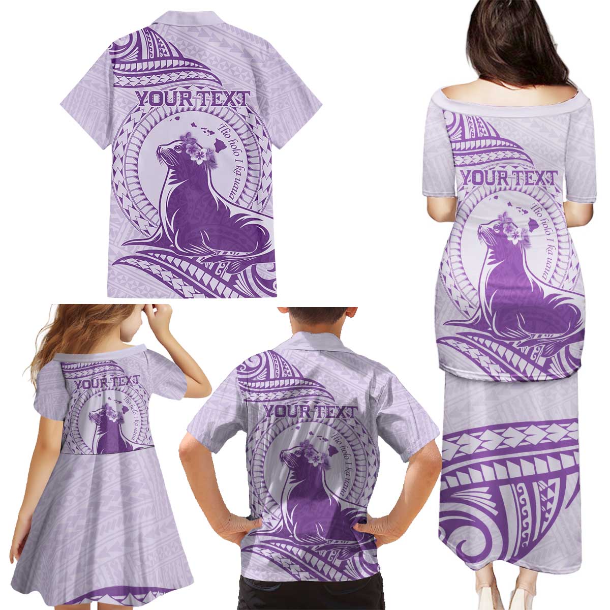 Personalised Hawaii Monk Seal Family Matching Puletasi and Hawaiian Shirt Polynesian Tattoo With Tropical Flowers - Purple Pastel LT14 - Polynesian Pride