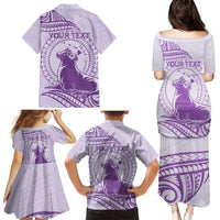 Personalised Hawaii Monk Seal Family Matching Puletasi and Hawaiian Shirt Polynesian Tattoo With Tropical Flowers - Purple Pastel LT14 - Polynesian Pride