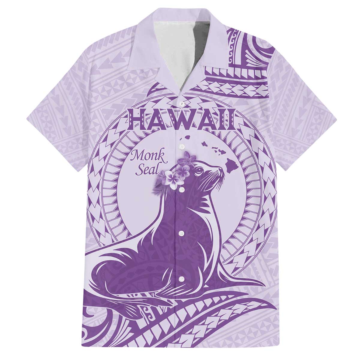 Personalised Hawaii Monk Seal Family Matching Puletasi and Hawaiian Shirt Polynesian Tattoo With Tropical Flowers - Purple Pastel LT14 Dad's Shirt - Short Sleeve Purple - Polynesian Pride
