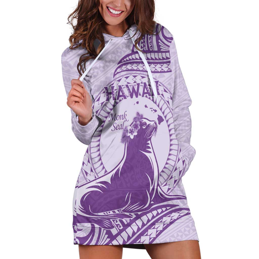 Personalised Hawaii Monk Seal Hoodie Dress Polynesian Tattoo With Tropical Flowers - Purple Pastel LT14 Purple - Polynesian Pride