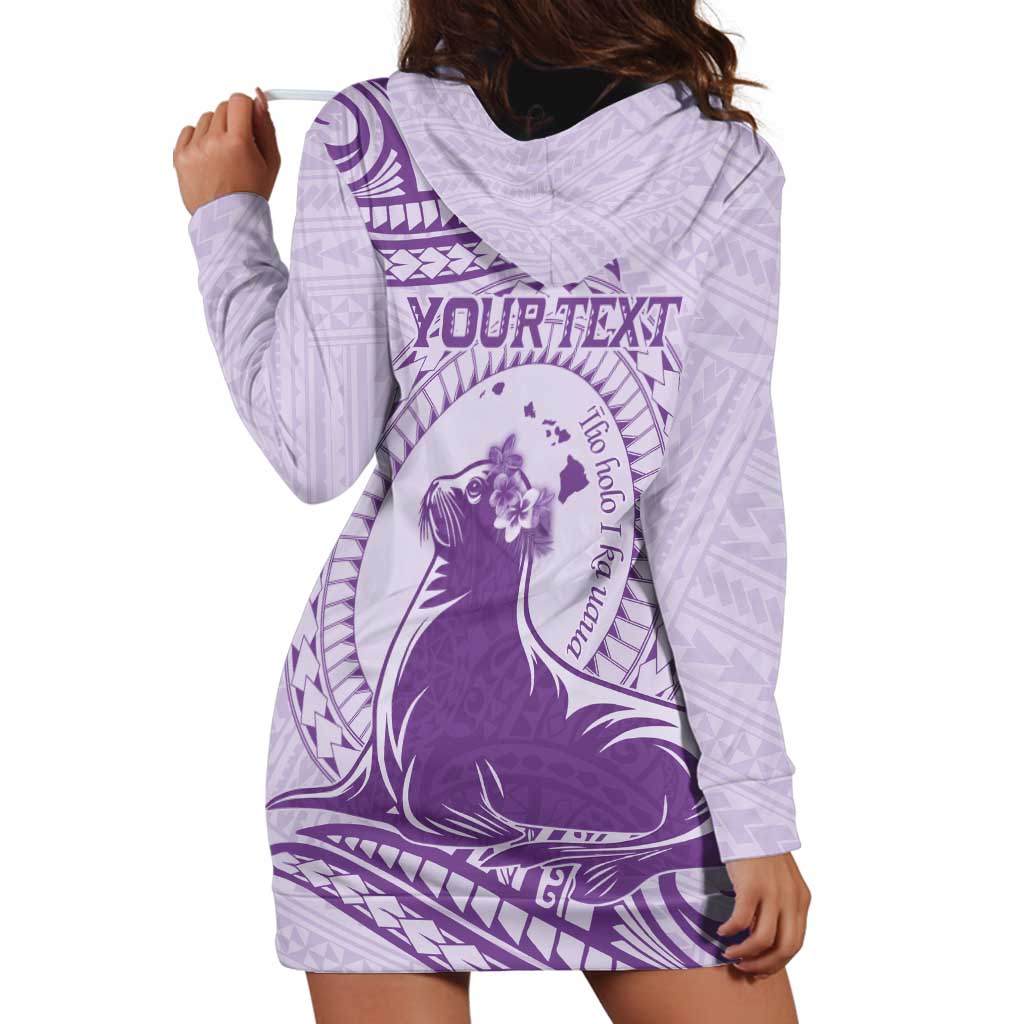 Personalised Hawaii Monk Seal Hoodie Dress Polynesian Tattoo With Tropical Flowers - Purple Pastel LT14 - Polynesian Pride