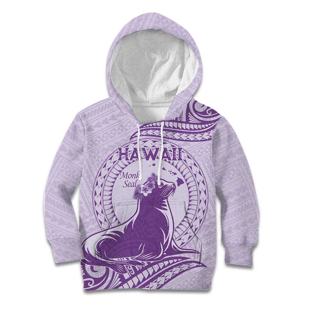 Personalised Hawaii Monk Seal Kid Hoodie Polynesian Tattoo With Tropical Flowers - Purple Pastel LT14 Hoodie Purple - Polynesian Pride