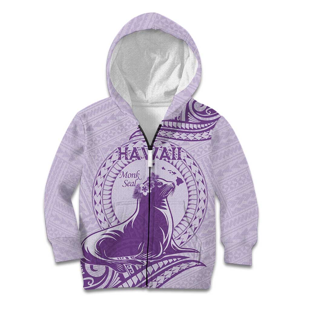 Personalised Hawaii Monk Seal Kid Hoodie Polynesian Tattoo With Tropical Flowers - Purple Pastel LT14 Zip Hoodie Purple - Polynesian Pride