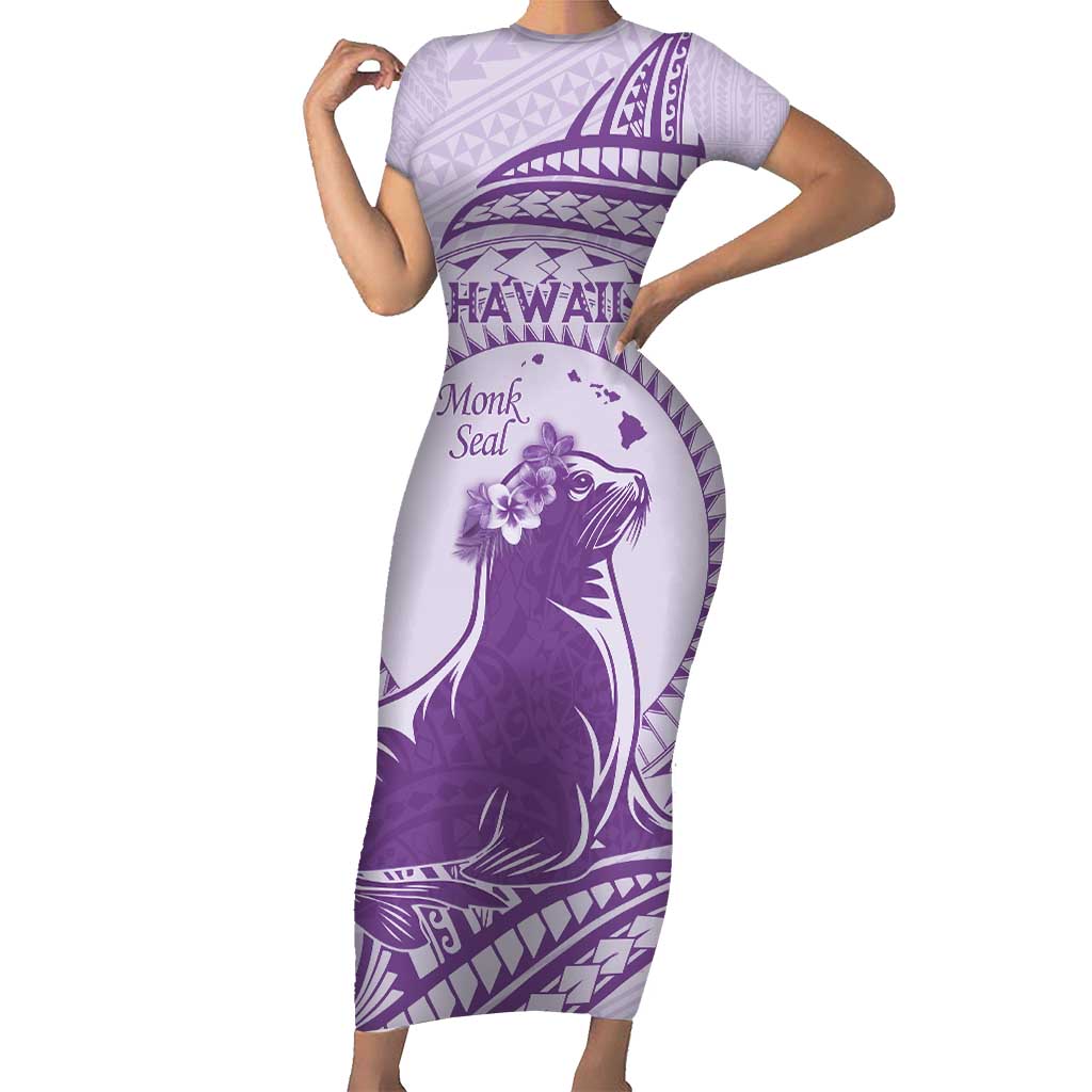 Personalised Hawaii Monk Seal Short Sleeve Bodycon Dress Polynesian Tattoo With Tropical Flowers - Purple Pastel LT14 Long Dress Purple - Polynesian Pride