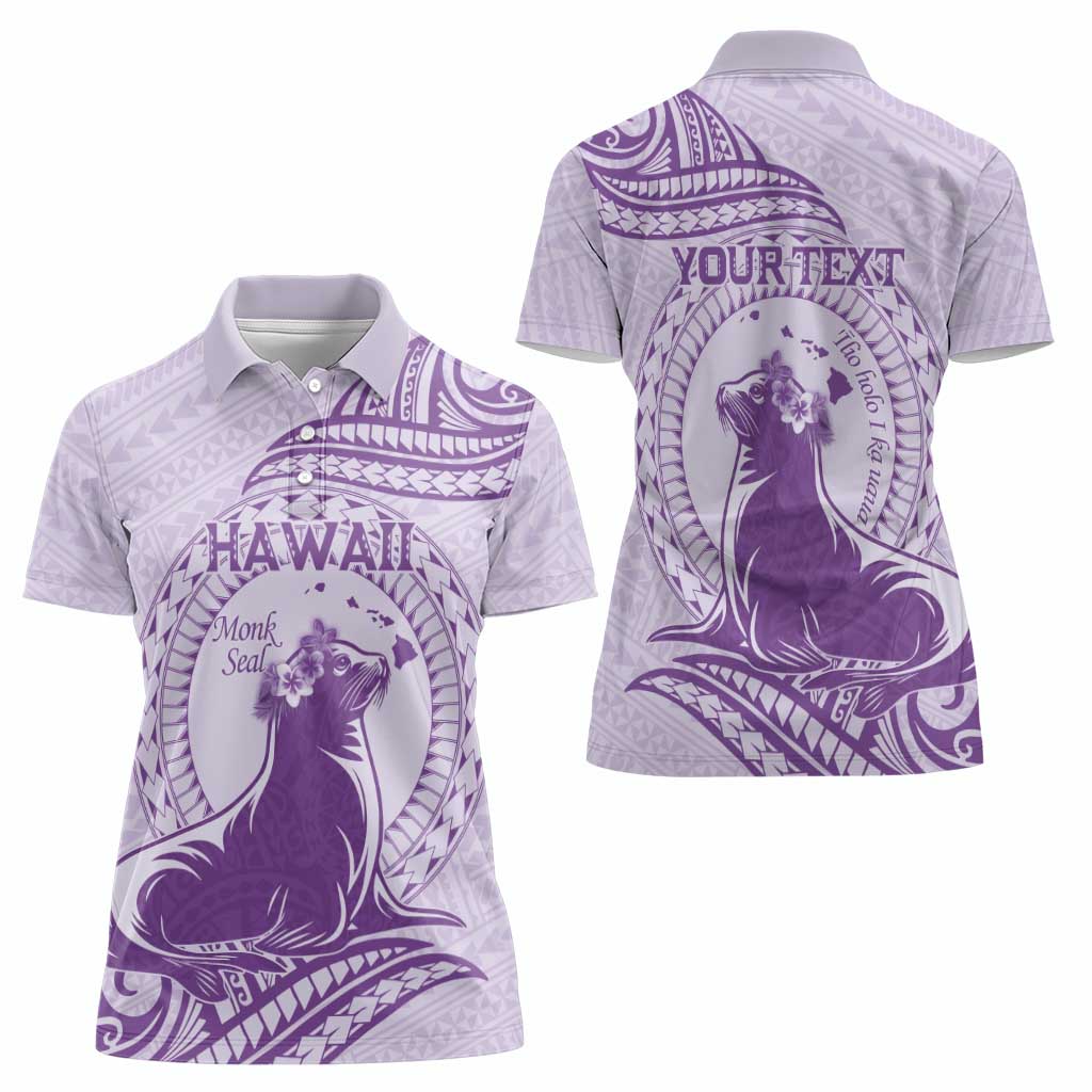 Personalised Hawaii Monk Seal Women Polo Shirt Polynesian Tattoo With Tropical Flowers - Purple Pastel