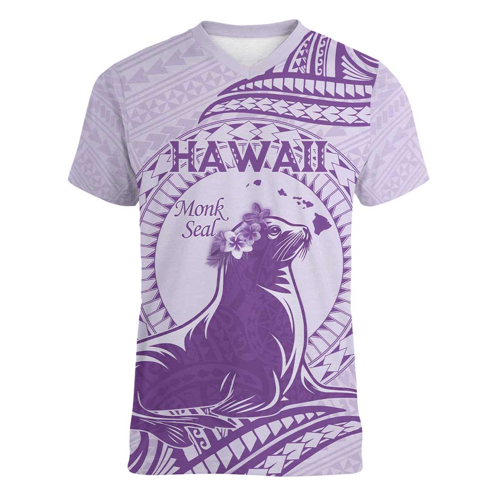 Personalised Hawaii Monk Seal Women V-Neck T-Shirt Polynesian Tattoo With Tropical Flowers - Purple Pastel LT14 Female Purple - Polynesian Pride