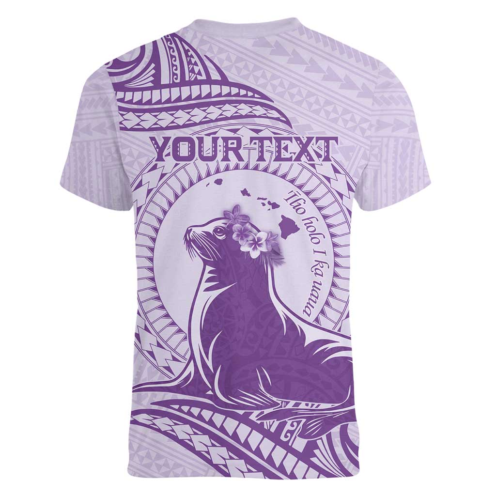 Personalised Hawaii Monk Seal Women V-Neck T-Shirt Polynesian Tattoo With Tropical Flowers - Purple Pastel LT14 - Polynesian Pride