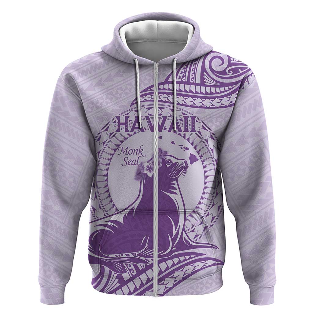 Personalised Hawaii Monk Seal Zip Hoodie Polynesian Tattoo With Tropical Flowers - Purple Pastel LT14 Zip Hoodie Purple - Polynesian Pride