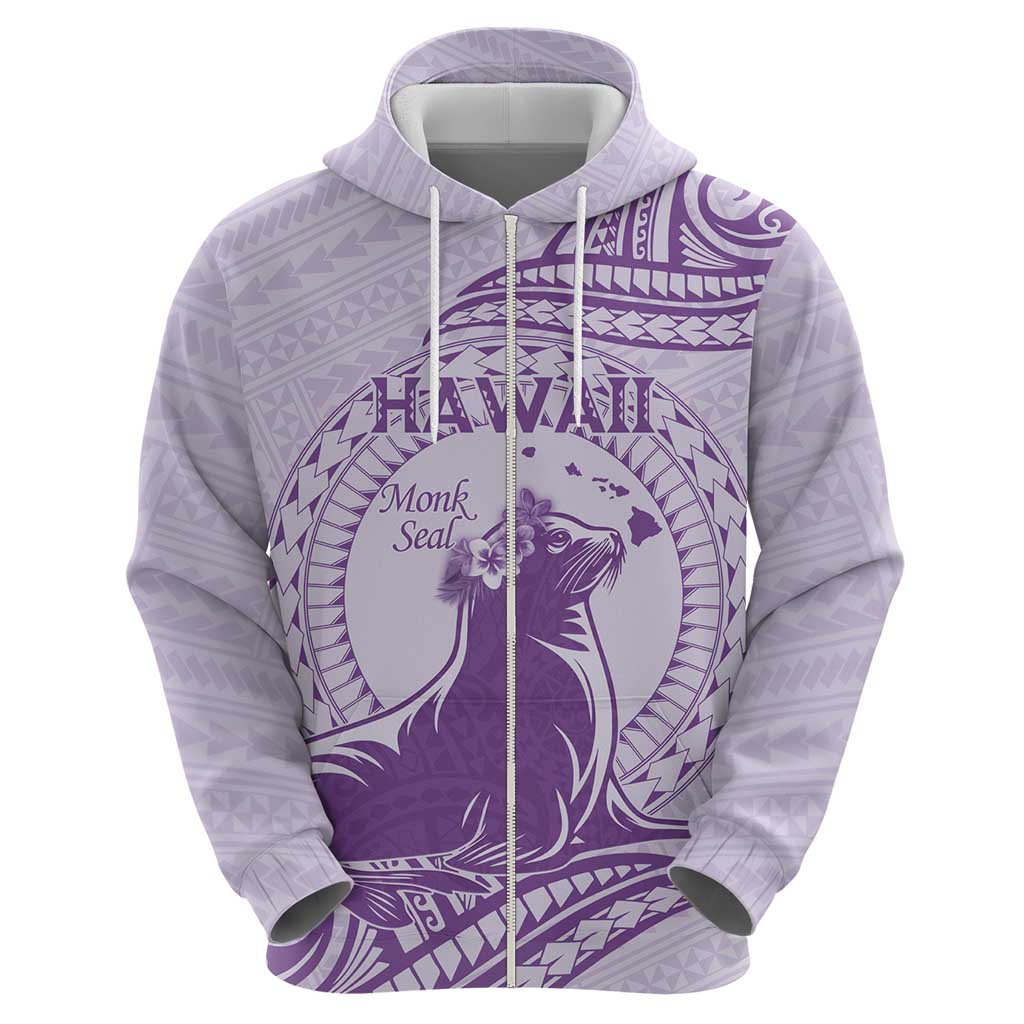 Personalised Hawaii Monk Seal Zip Hoodie Polynesian Tattoo With Tropical Flowers - Purple Pastel LT14 - Polynesian Pride