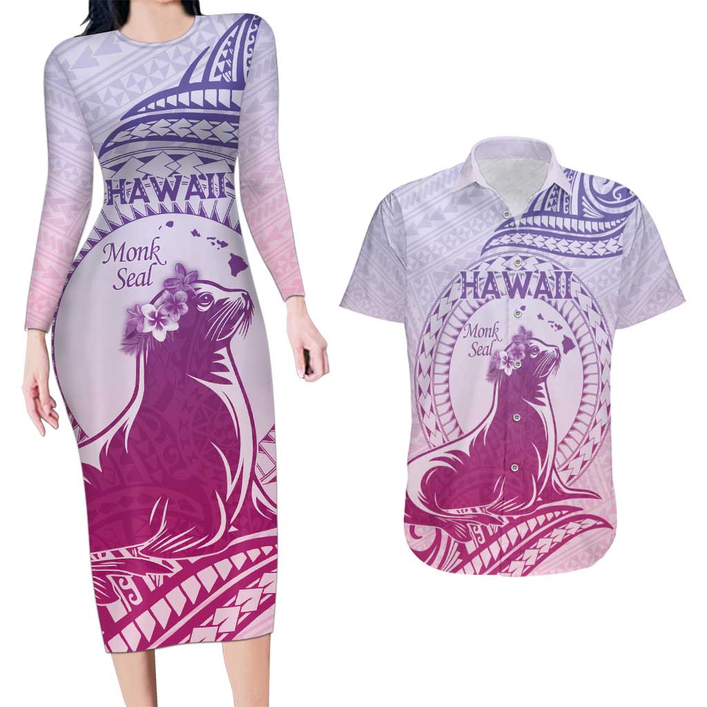 Personalised Hawaii Monk Seal Couples Matching Long Sleeve Bodycon Dress and Hawaiian Shirt Polynesian Tattoo With Tropical Flowers - Purple Gradient LT14 Purple - Polynesian Pride