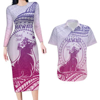 Personalised Hawaii Monk Seal Couples Matching Long Sleeve Bodycon Dress and Hawaiian Shirt Polynesian Tattoo With Tropical Flowers - Purple Gradient LT14 Purple - Polynesian Pride