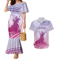 Personalised Hawaii Monk Seal Couples Matching Mermaid Dress and Hawaiian Shirt Polynesian Tattoo With Tropical Flowers - Purple Gradient LT14 Purple - Polynesian Pride