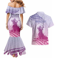 Personalised Hawaii Monk Seal Couples Matching Mermaid Dress and Hawaiian Shirt Polynesian Tattoo With Tropical Flowers - Purple Gradient LT14 - Polynesian Pride