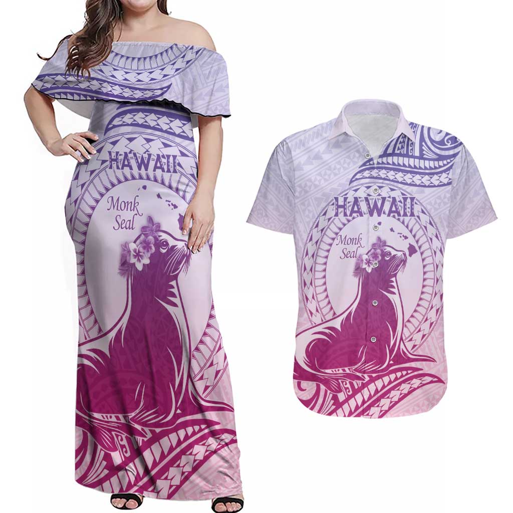 Personalised Hawaii Monk Seal Couples Matching Off Shoulder Maxi Dress and Hawaiian Shirt Polynesian Tattoo With Tropical Flowers - Purple Gradient LT14 Purple - Polynesian Pride