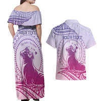 Personalised Hawaii Monk Seal Couples Matching Off Shoulder Maxi Dress and Hawaiian Shirt Polynesian Tattoo With Tropical Flowers - Purple Gradient LT14 - Polynesian Pride