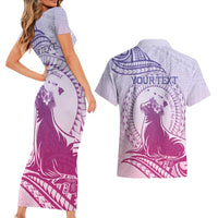 Personalised Hawaii Monk Seal Couples Matching Short Sleeve Bodycon Dress and Hawaiian Shirt Polynesian Tattoo With Tropical Flowers - Purple Gradient LT14 - Polynesian Pride