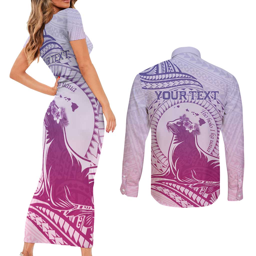 Personalised Hawaii Monk Seal Couples Matching Short Sleeve Bodycon Dress and Long Sleeve Button Shirt Polynesian Tattoo With Tropical Flowers - Purple Gradient