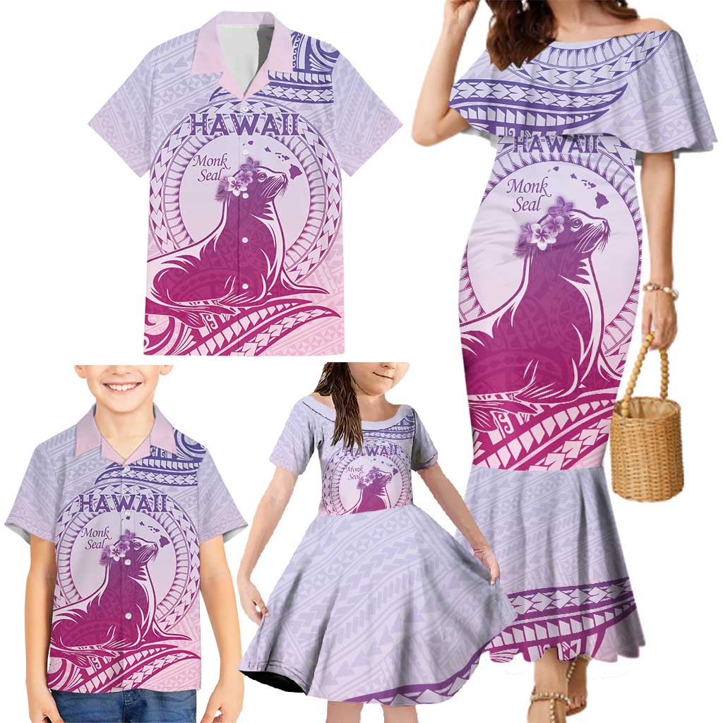 Personalised Hawaii Monk Seal Family Matching Mermaid Dress and Hawaiian Shirt Polynesian Tattoo With Tropical Flowers - Purple Gradient LT14 - Polynesian Pride