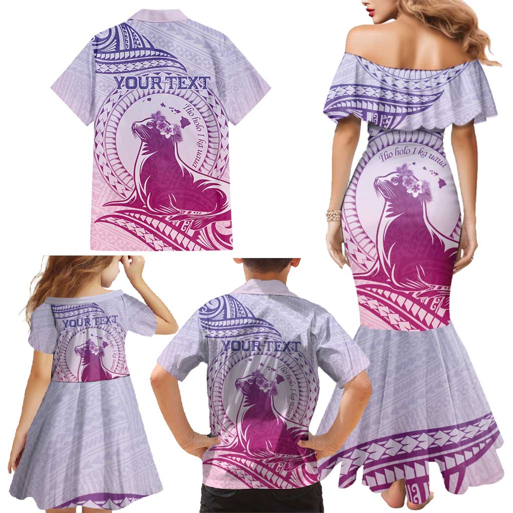Personalised Hawaii Monk Seal Family Matching Mermaid Dress and Hawaiian Shirt Polynesian Tattoo With Tropical Flowers - Purple Gradient LT14 - Polynesian Pride