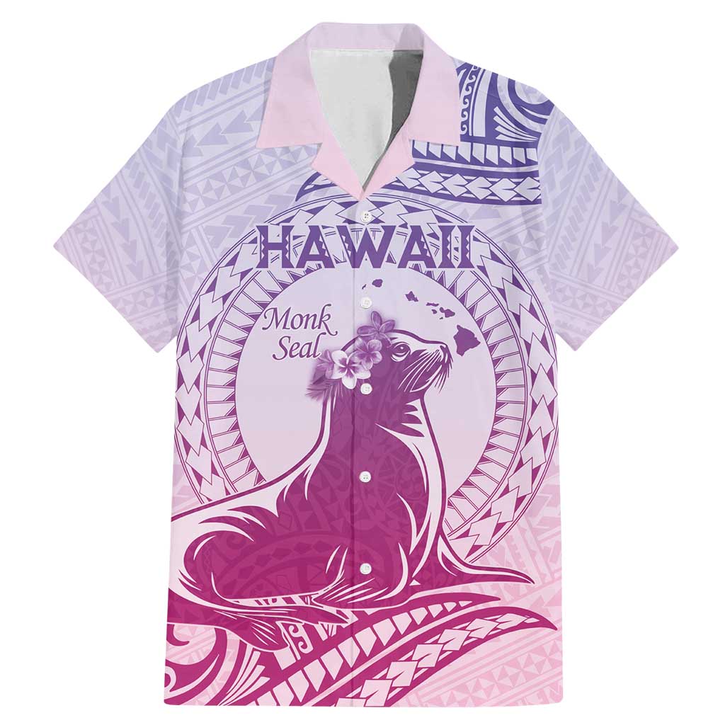 Personalised Hawaii Monk Seal Family Matching Mermaid Dress and Hawaiian Shirt Polynesian Tattoo With Tropical Flowers - Purple Gradient LT14 Dad's Shirt - Short Sleeve Purple - Polynesian Pride