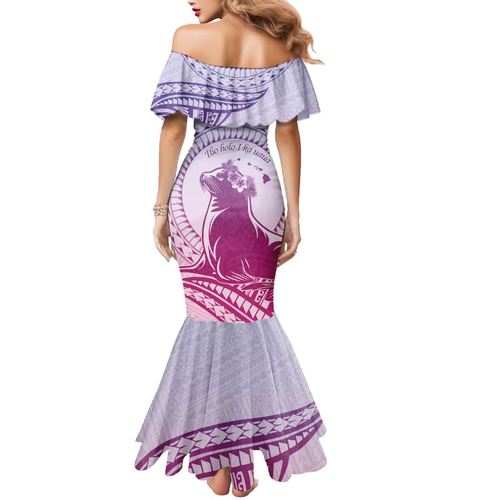 Personalised Hawaii Monk Seal Family Matching Mermaid Dress and Hawaiian Shirt Polynesian Tattoo With Tropical Flowers - Purple Gradient LT14 - Polynesian Pride