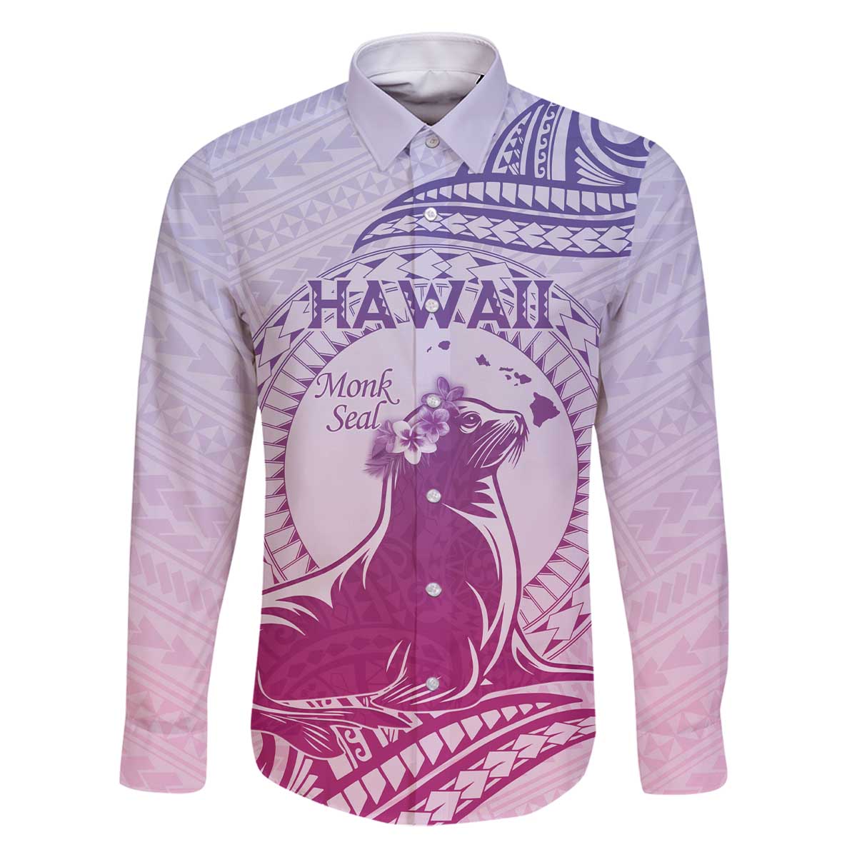 Personalised Hawaii Monk Seal Family Matching Off The Shoulder Long Sleeve Dress and Hawaiian Shirt Polynesian Tattoo With Tropical Flowers - Purple Gradient