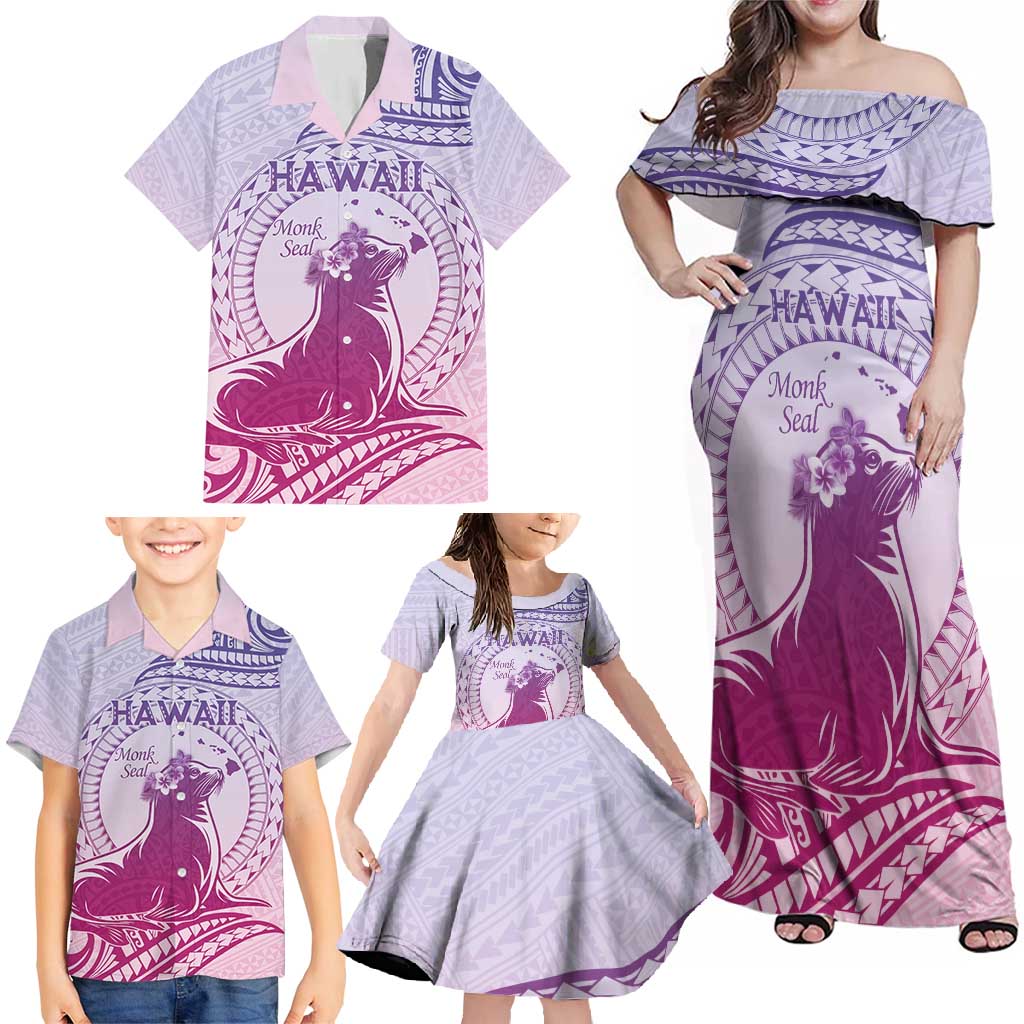 Personalised Hawaii Monk Seal Family Matching Off Shoulder Maxi Dress and Hawaiian Shirt Polynesian Tattoo With Tropical Flowers - Purple Gradient LT14 - Polynesian Pride