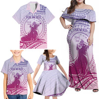 Personalised Hawaii Monk Seal Family Matching Off Shoulder Maxi Dress and Hawaiian Shirt Polynesian Tattoo With Tropical Flowers - Purple Gradient LT14 - Polynesian Pride