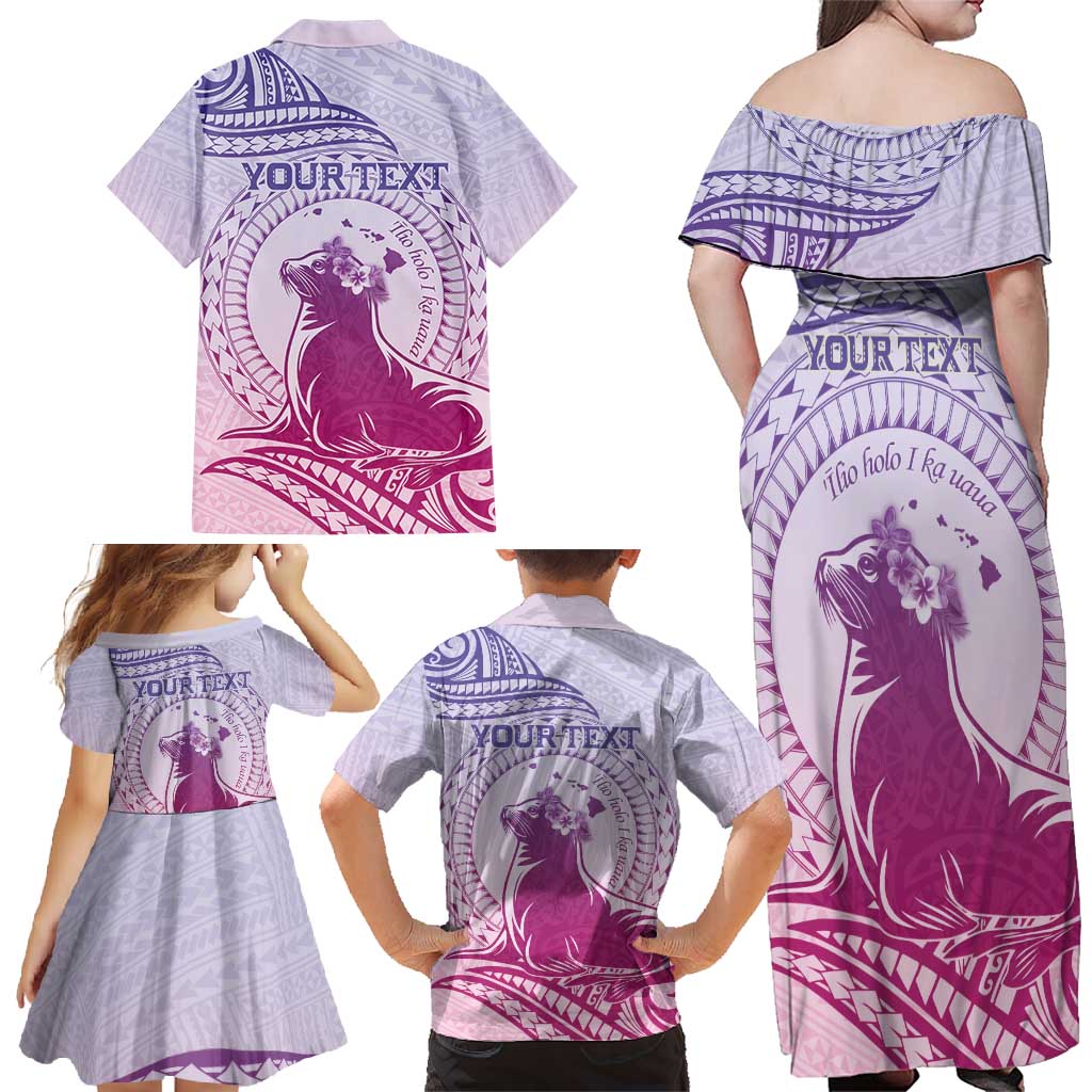 Personalised Hawaii Monk Seal Family Matching Off Shoulder Maxi Dress and Hawaiian Shirt Polynesian Tattoo With Tropical Flowers - Purple Gradient LT14 - Polynesian Pride