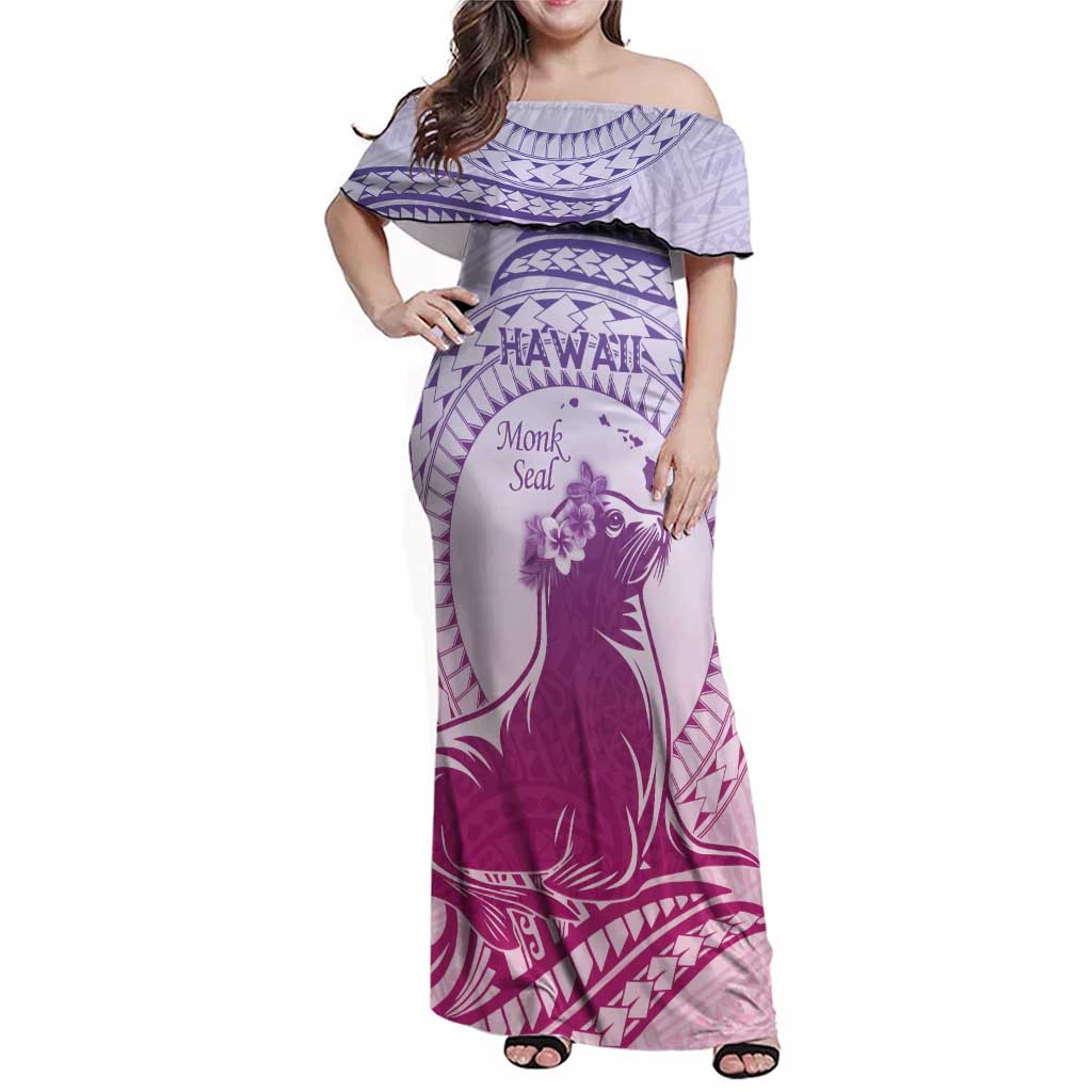 Personalised Hawaii Monk Seal Family Matching Off Shoulder Maxi Dress and Hawaiian Shirt Polynesian Tattoo With Tropical Flowers - Purple Gradient LT14 Mom's Dress Purple - Polynesian Pride