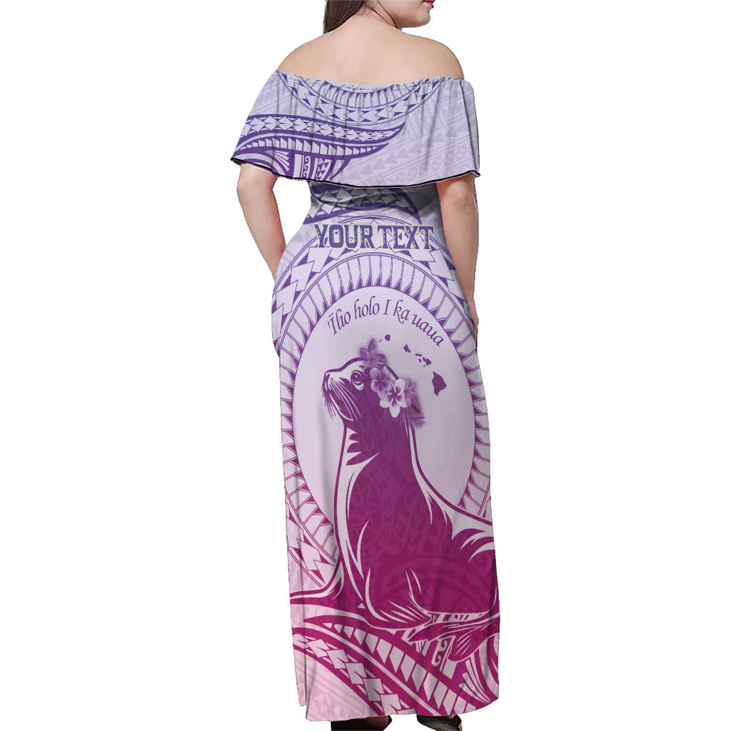 Personalised Hawaii Monk Seal Family Matching Off Shoulder Maxi Dress and Hawaiian Shirt Polynesian Tattoo With Tropical Flowers - Purple Gradient LT14 - Polynesian Pride
