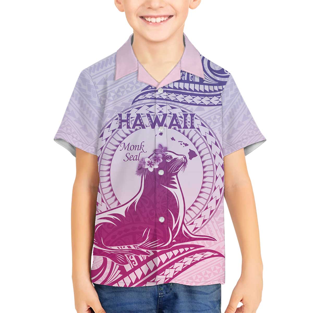 Personalised Hawaii Monk Seal Family Matching Puletasi and Hawaiian Shirt Polynesian Tattoo With Tropical Flowers - Purple Gradient LT14 Son's Shirt Purple - Polynesian Pride