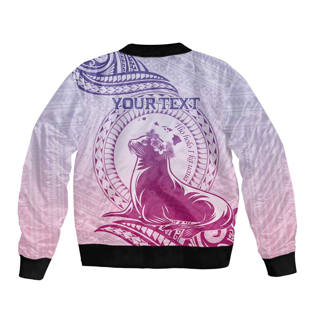 Personalised Hawaii Monk Seal Sleeve Zip Bomber Jacket Polynesian Tattoo With Tropical Flowers - Purple Gradient