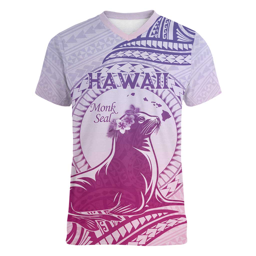 Personalised Hawaii Monk Seal Women V-Neck T-Shirt Polynesian Tattoo With Tropical Flowers - Purple Gradient LT14 Female Purple - Polynesian Pride