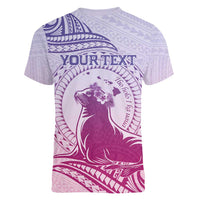 Personalised Hawaii Monk Seal Women V-Neck T-Shirt Polynesian Tattoo With Tropical Flowers - Purple Gradient LT14 - Polynesian Pride