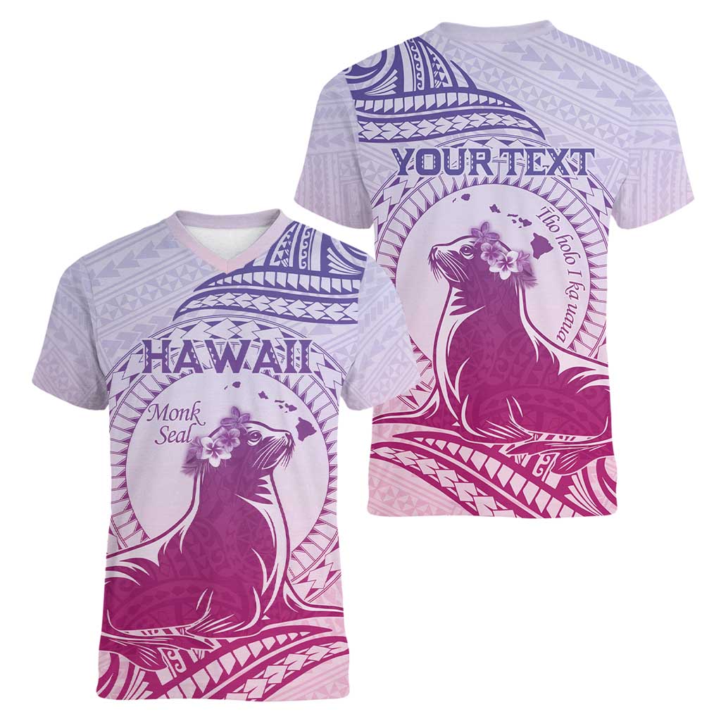Personalised Hawaii Monk Seal Women V-Neck T-Shirt Polynesian Tattoo With Tropical Flowers - Purple Gradient LT14 - Polynesian Pride