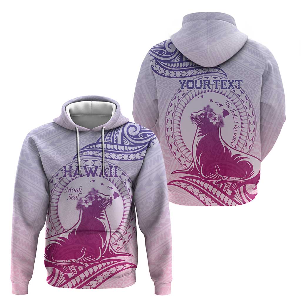 Personalised Hawaii Monk Seal Zip Hoodie Polynesian Tattoo With Tropical Flowers - Purple Gradient