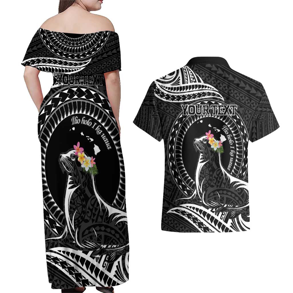 Personalised Hawaii Monk Seal Couples Matching Off Shoulder Maxi Dress and Hawaiian Shirt Polynesian Tattoo With Tropical Flowers - Black LT14 - Polynesian Pride