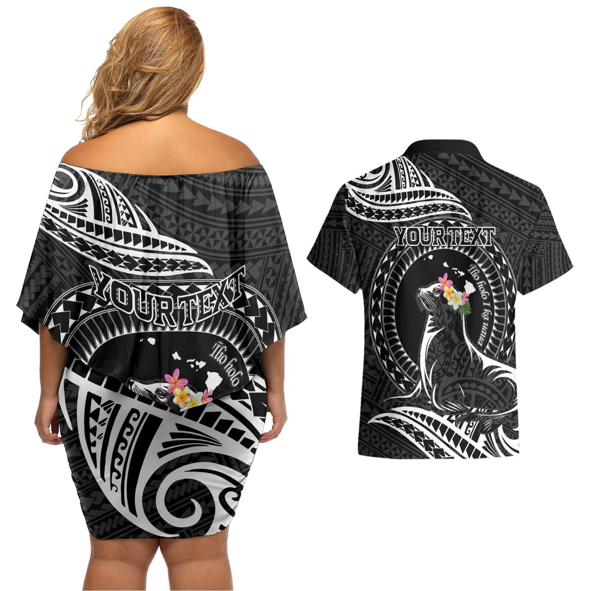 Personalised Hawaii Monk Seal Couples Matching Off Shoulder Short Dress and Hawaiian Shirt Polynesian Tattoo With Tropical Flowers - Black