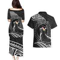 Personalised Hawaii Monk Seal Couples Matching Puletasi and Hawaiian Shirt Polynesian Tattoo With Tropical Flowers - Black LT14 - Polynesian Pride