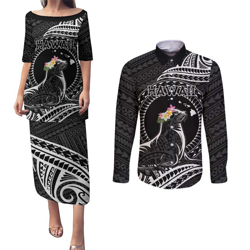 Personalised Hawaii Monk Seal Couples Matching Puletasi and Long Sleeve Button Shirt Polynesian Tattoo With Tropical Flowers - Black LT14 Black - Polynesian Pride