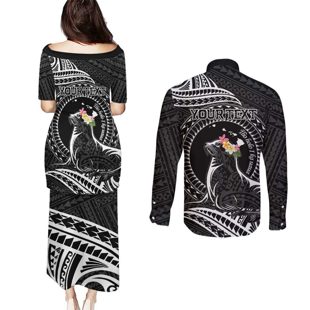 Personalised Hawaii Monk Seal Couples Matching Puletasi and Long Sleeve Button Shirt Polynesian Tattoo With Tropical Flowers - Black LT14 - Polynesian Pride