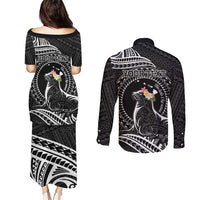 Personalised Hawaii Monk Seal Couples Matching Puletasi and Long Sleeve Button Shirt Polynesian Tattoo With Tropical Flowers - Black LT14 - Polynesian Pride
