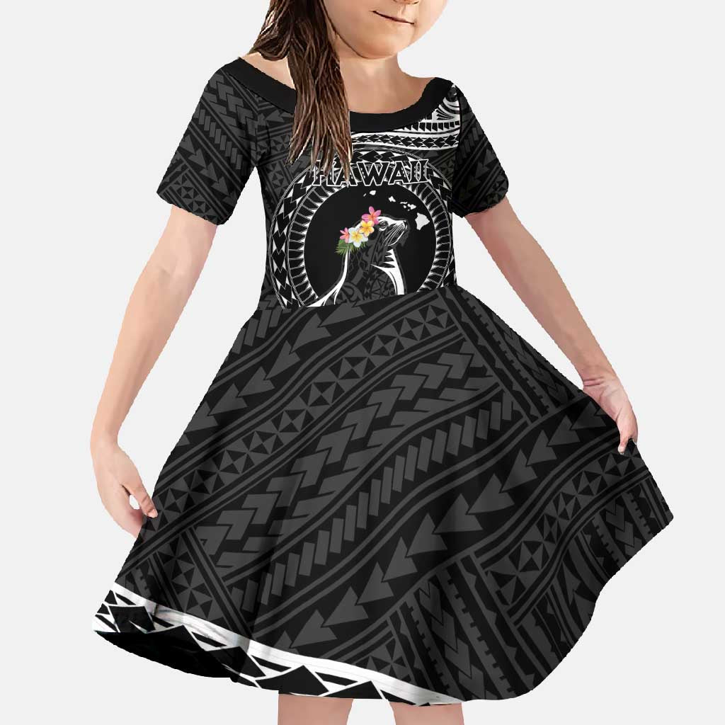 Personalised Hawaii Monk Seal Family Matching Mermaid Dress and Hawaiian Shirt Polynesian Tattoo With Tropical Flowers - Black LT14 Daughter's Dress Black - Polynesian Pride