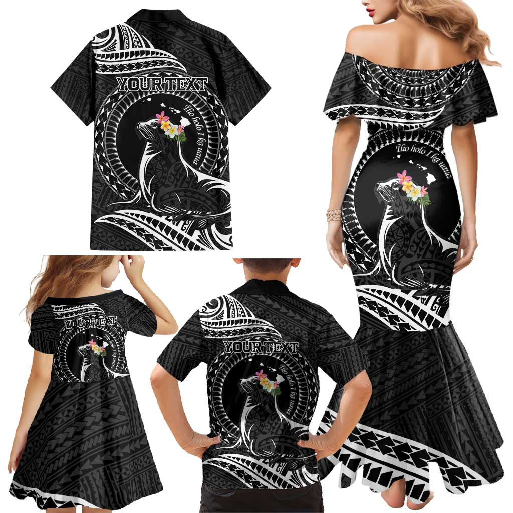 Personalised Hawaii Monk Seal Family Matching Mermaid Dress and Hawaiian Shirt Polynesian Tattoo With Tropical Flowers - Black LT14 - Polynesian Pride
