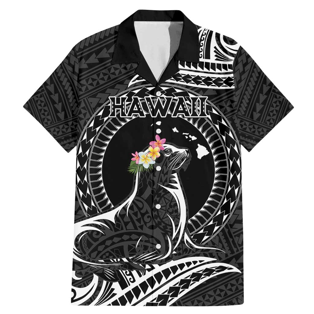 Personalised Hawaii Monk Seal Family Matching Mermaid Dress and Hawaiian Shirt Polynesian Tattoo With Tropical Flowers - Black LT14 Dad's Shirt - Short Sleeve Black - Polynesian Pride