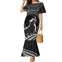 Personalised Hawaii Monk Seal Family Matching Mermaid Dress and Hawaiian Shirt Polynesian Tattoo With Tropical Flowers - Black LT14 Mom's Dress Black - Polynesian Pride