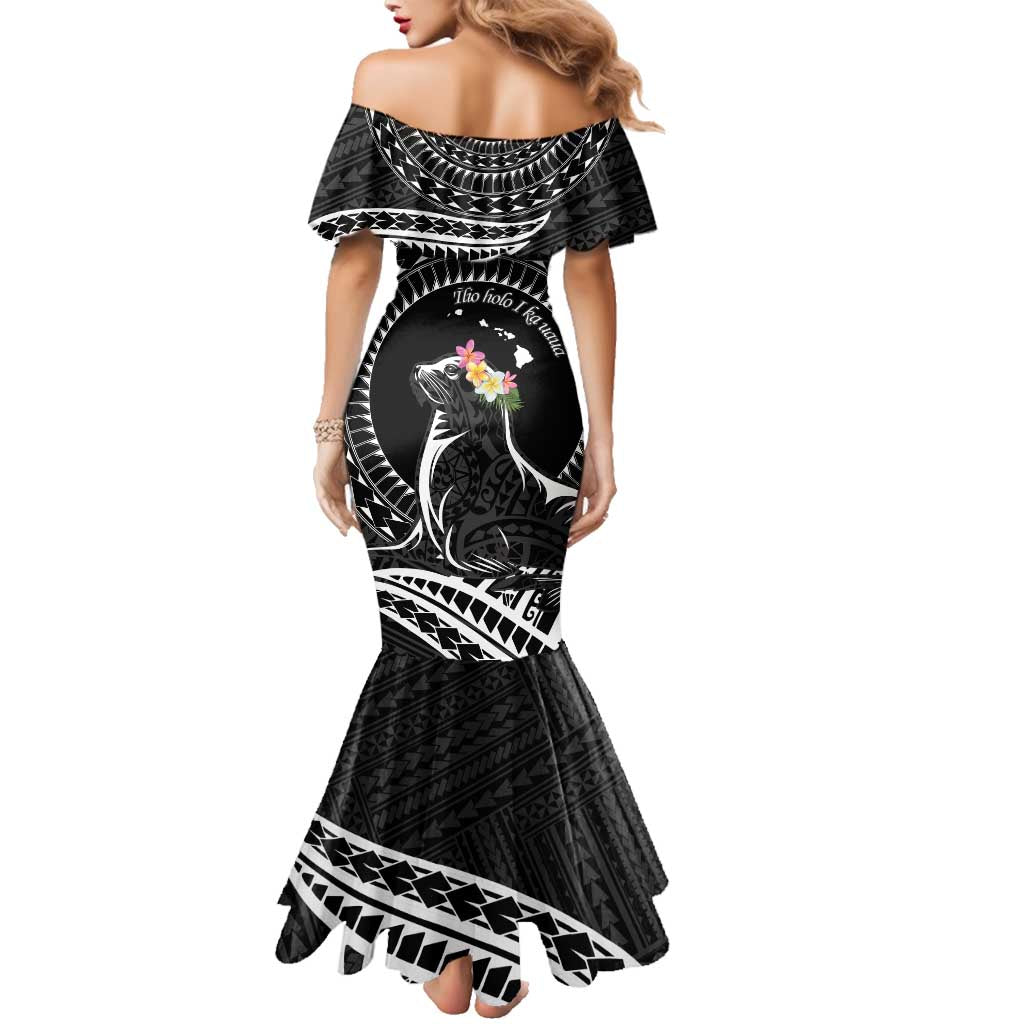 Personalised Hawaii Monk Seal Family Matching Mermaid Dress and Hawaiian Shirt Polynesian Tattoo With Tropical Flowers - Black LT14 - Polynesian Pride