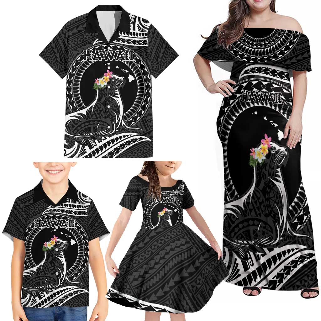 Personalised Hawaii Monk Seal Family Matching Off Shoulder Maxi Dress and Hawaiian Shirt Polynesian Tattoo With Tropical Flowers - Black LT14 - Polynesian Pride