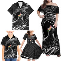 Personalised Hawaii Monk Seal Family Matching Off Shoulder Maxi Dress and Hawaiian Shirt Polynesian Tattoo With Tropical Flowers - Black LT14 - Polynesian Pride